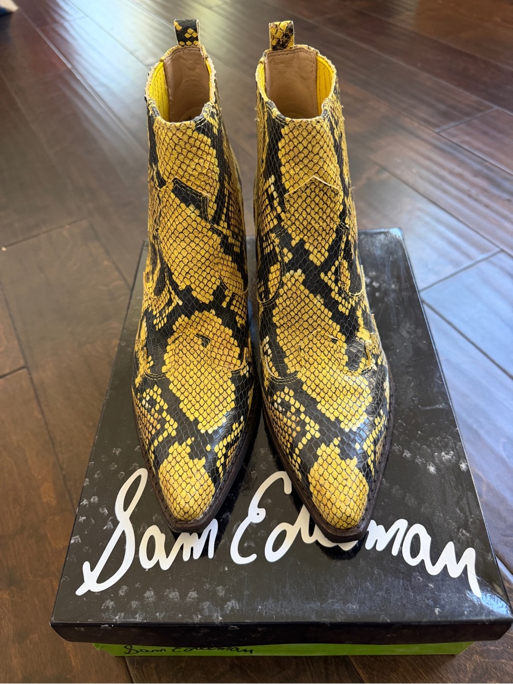Sam Edelman Yellow and Black Snake-Print Chelsea Ankle Boots